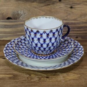 Lomonosov Cobalt Blue Fish Net 22K Gold Cup Saucer Dessert Plate 3-piece Set